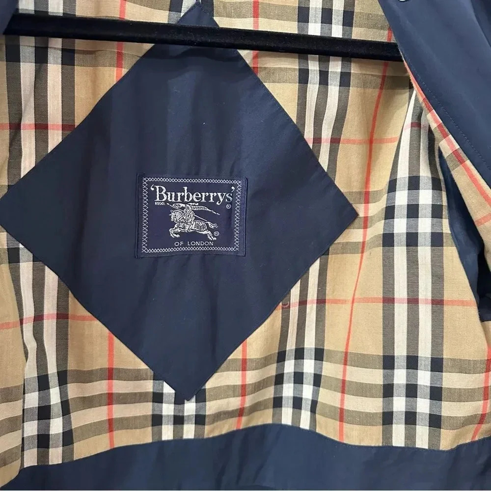Vintage Burberry Trench Coat Burberrys’ Navy Blue Trench Coat Button Up Size XS - Picture 7 of 8